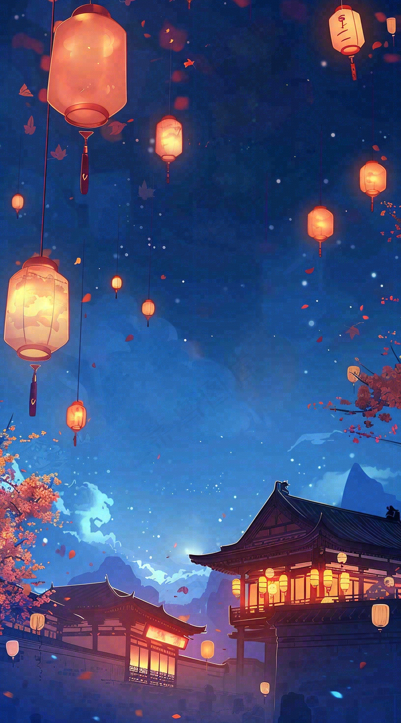 夜晚点灯孔明灯祈福中元节寒衣节插画背景