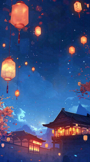 夜晚点灯孔明灯祈福中元节寒衣节插画背景