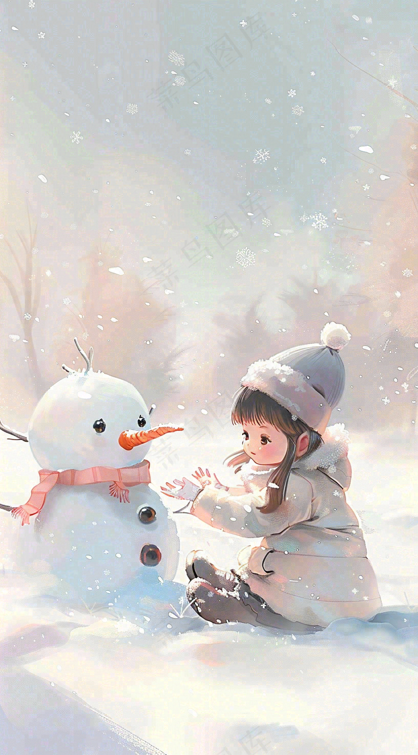 冬季白雪地堆雪人的小女孩可爱唯美大雪小雪冬至卡通插画背景