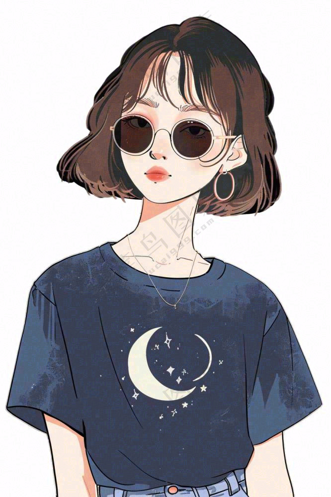蓝色衣服的少女女生人物卡通插画免抠