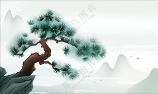 极简松树悬崖国风插画矢量背景适用于文化活动宣传