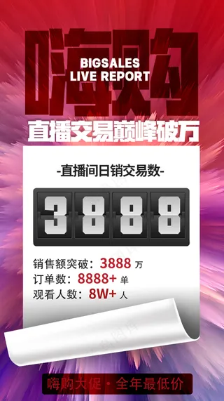 嗨购直播销量战报立体冲击力海报