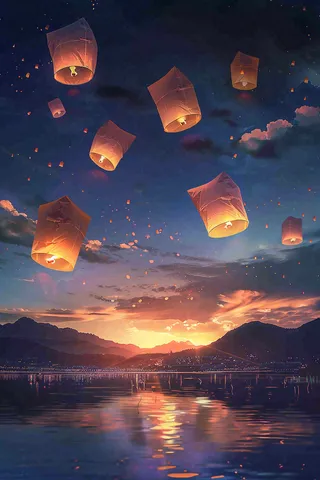 夜晚点灯孔明灯祈福中元节寒衣节插画背景