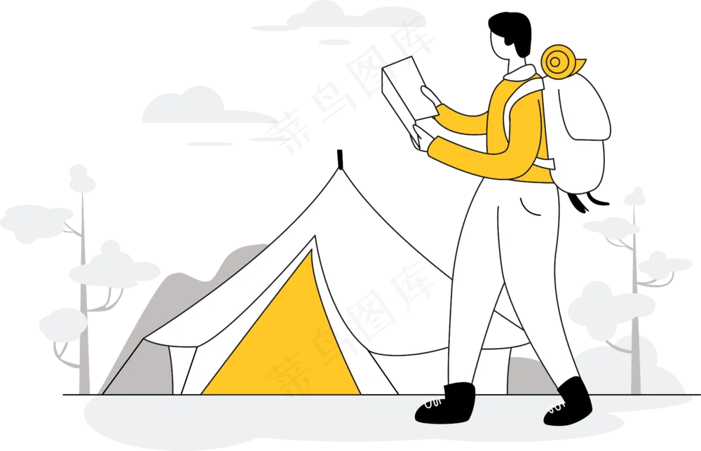 男生旅行中看地图 露营帐篷背景 黄色扁平商务插画