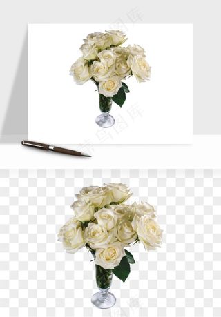 白玫瑰花枝花束png免抠