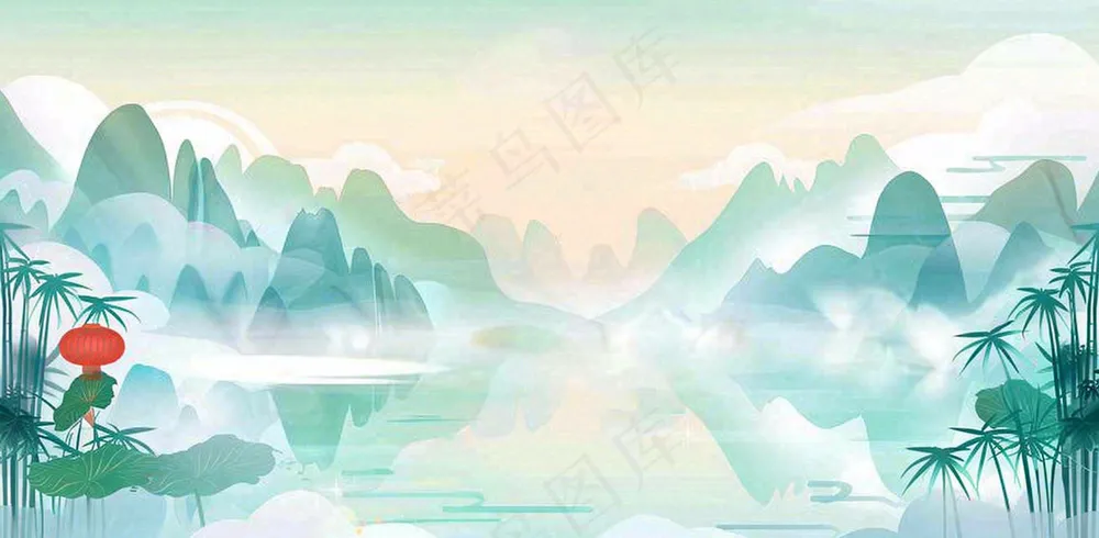 中国风插画山水竹叶青色插画清新淡雅端午节插画背景