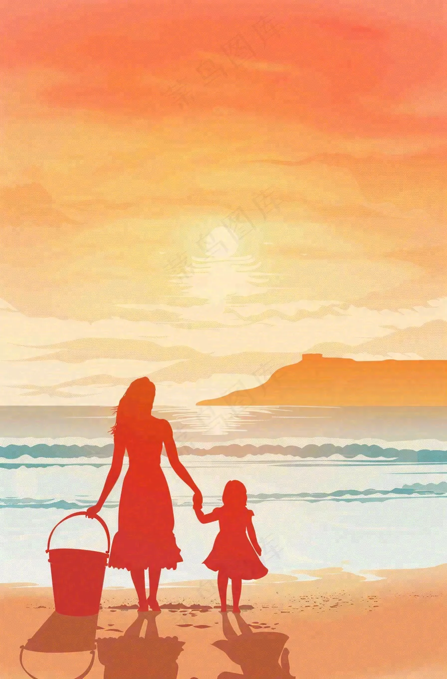 夕阳晚霞下的海洋沙滩亲子散步母亲节插画背景