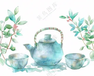 水彩茶壶茶杯插画免抠