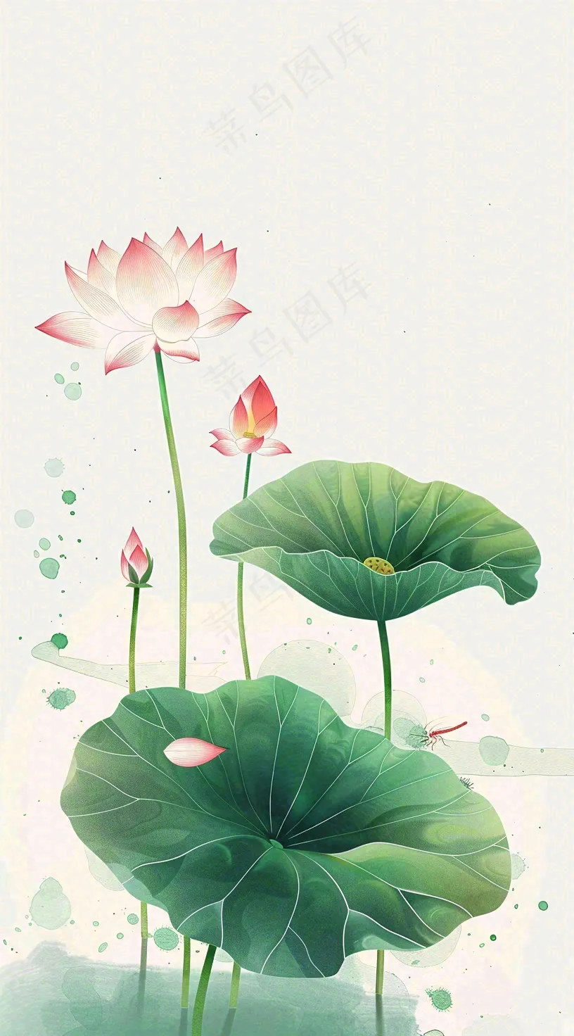 夏天荷花荷叶清凉小清新淡雅小暑大暑处暑插画背景