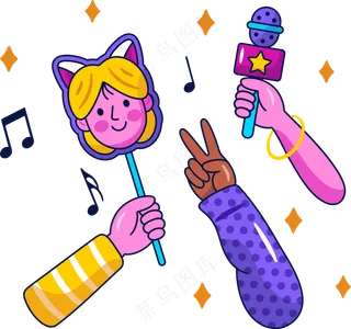 比耶 话筒 美式多巴胺色彩插画 免抠透明底