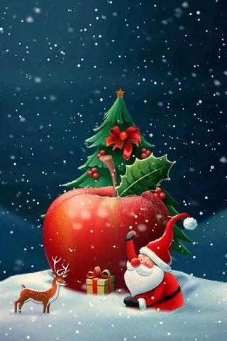 冬天雪地里的红苹果圣诞树圣诞老人童话平安夜圣诞节卡通插画背景
