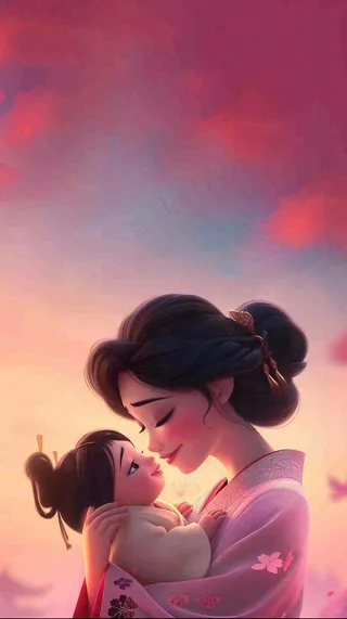 母亲节妈妈亲情抱着孩子鲜花光辉插画背景