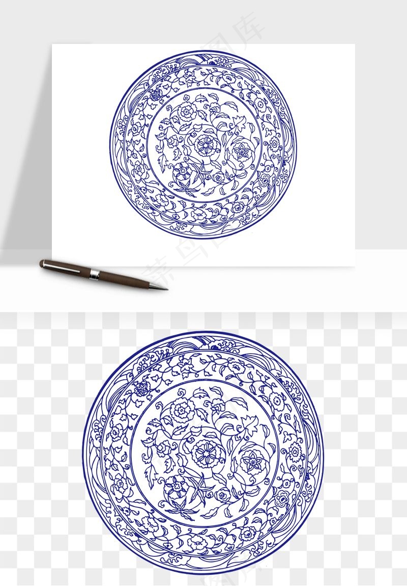 青花瓷花纹花卉图案png免抠