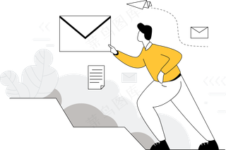 男生在楼梯上传递邮件发信息 黄色扁平商务插画