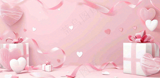 粉色丝带礼盒爱心浪漫女生节妇女节情人节七夕立体插画背景