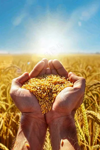 金黄的稻田手捧粮食珍惜粮食芒种世界粮食日摄影图