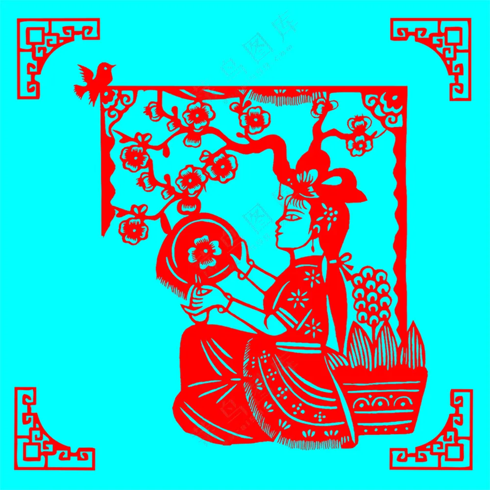 红色写实绣女刺梅剪纸