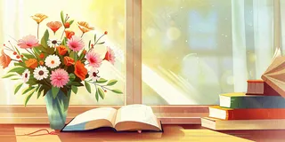 教师节办公桌窗边课本花束温馨唯美插画背景