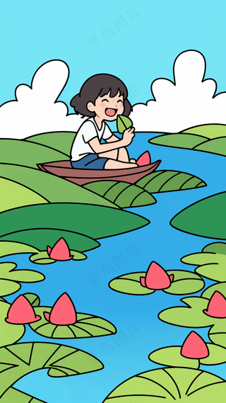 小女孩在荷花池边吃粽子 儿童简笔画