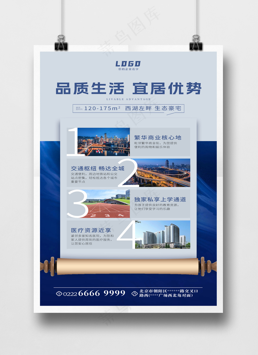 宝石蓝色卷轴地产海报PSD源文件