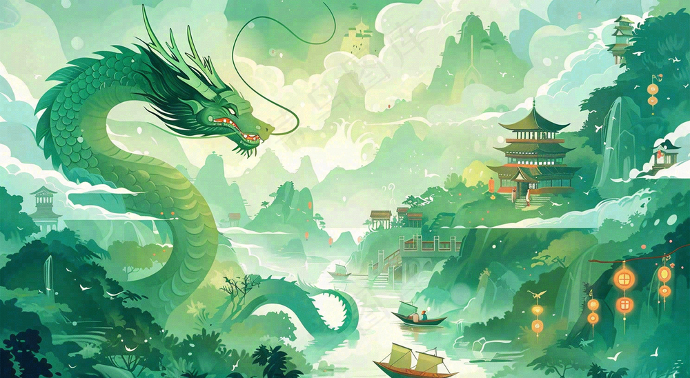 中国风国潮插画龙绿色盛世端午节插画背景