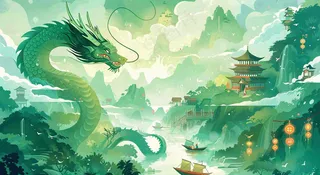 中国风国潮插画龙绿色盛世端午节插画背景