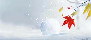 冬季白雪飘落红色枫叶雪花小寒大寒小雪立冬背景