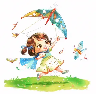 放风筝纸鸢的女孩儿童人物卡通插画免抠