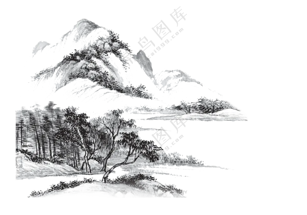 黑白手绘素描山间风景绘画免抠图片