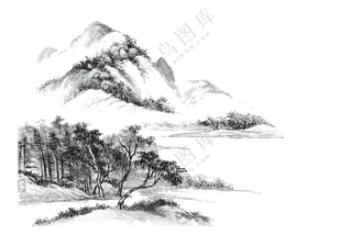 黑白手绘素描山间风景绘画免抠图片