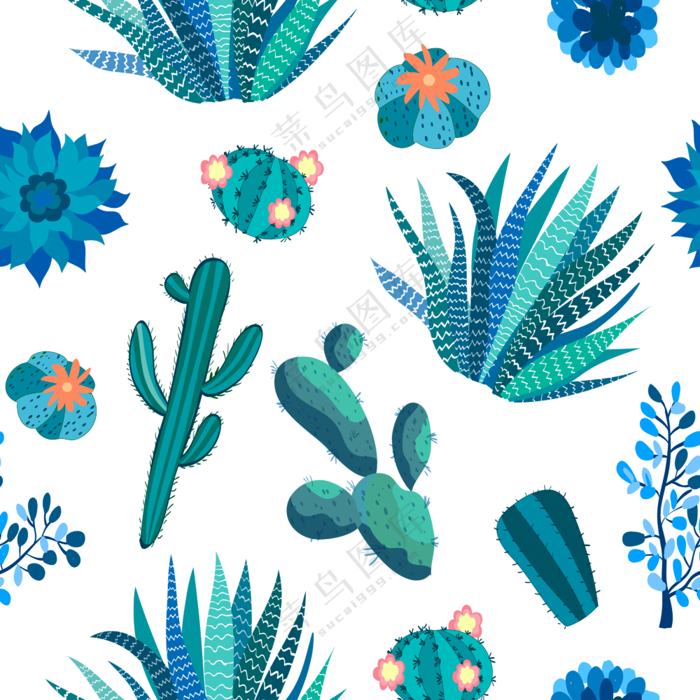 仙人掌等花卉植物无缝图案免抠素材