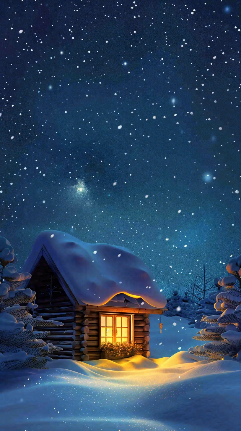 冬季夜晚蓝色星空下的小木屋灯火平安夜插画背景