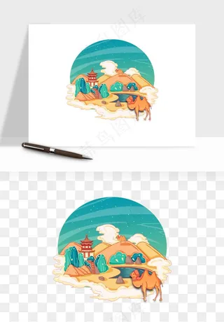 国潮城市地标山水建筑png免抠