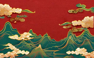 红色国潮风山川祥云喜庆元旦插画背景