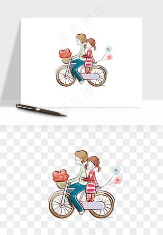 手绘自行车情侣人物png免抠