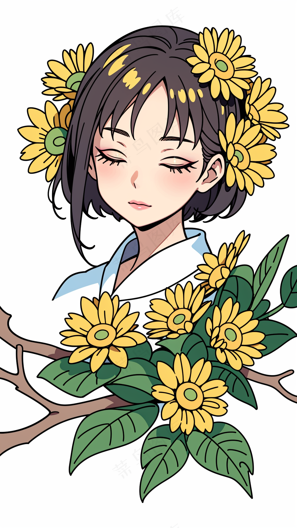 黄色系女孩和菊花 白色背景 儿童简笔画