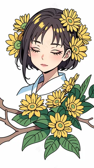 黄色系女孩和菊花 白色背景 儿童简笔画