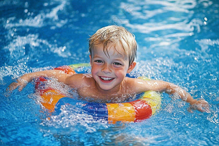 在游泳池玩水的儿童男孩游泳圈摄影图