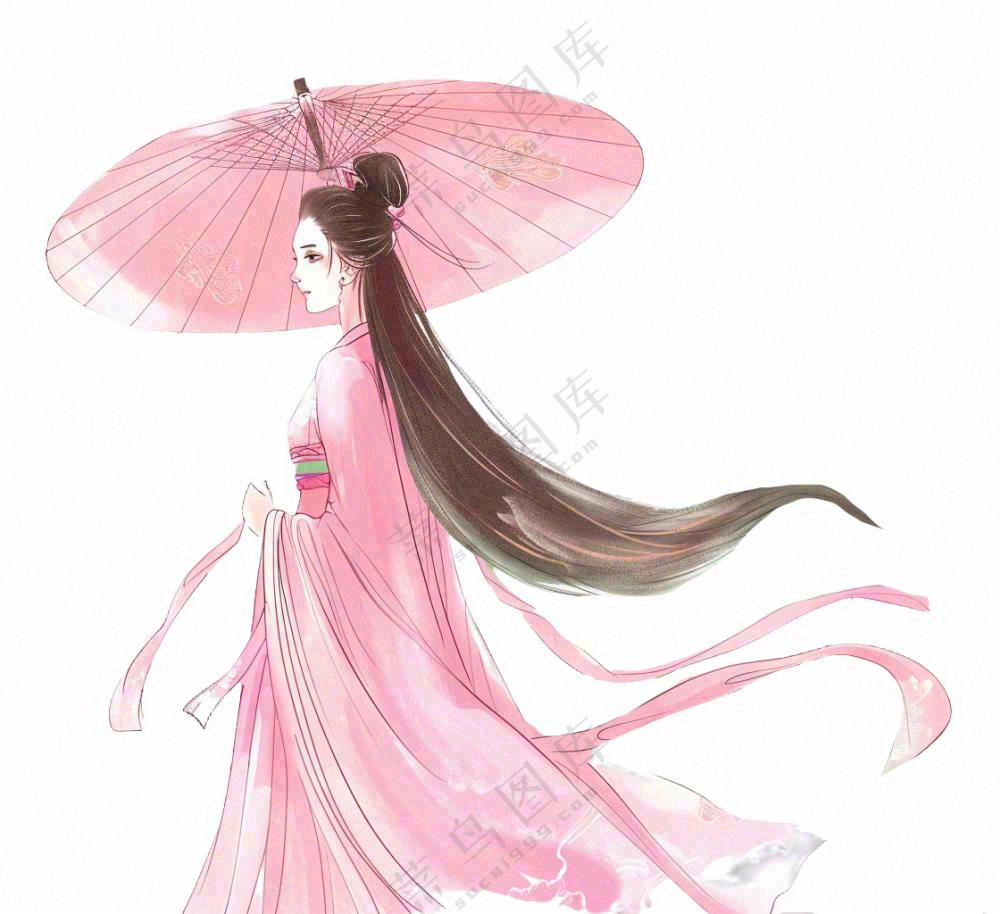 穿着粉色裙子的古风少女打伞纸伞人物插画免抠