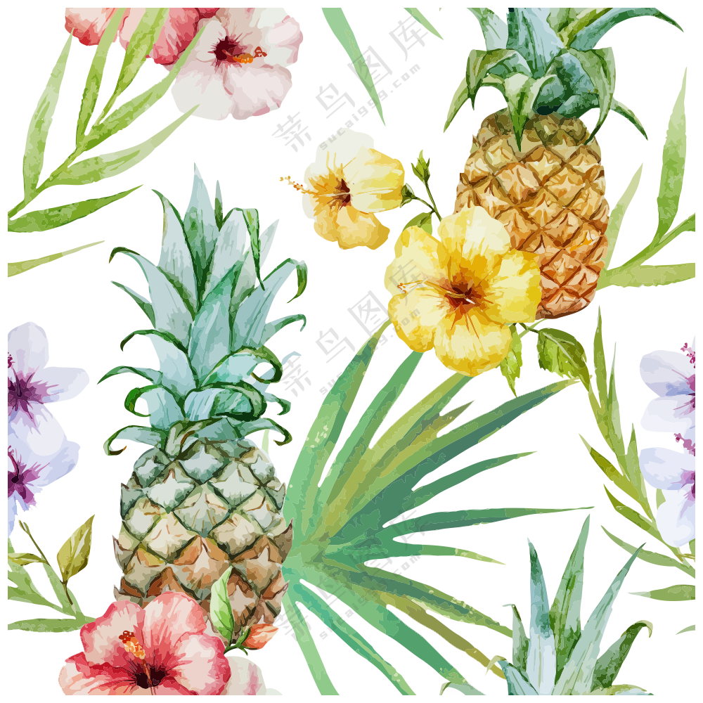 菠萝与花朵绿叶等无缝图案朦胧素材