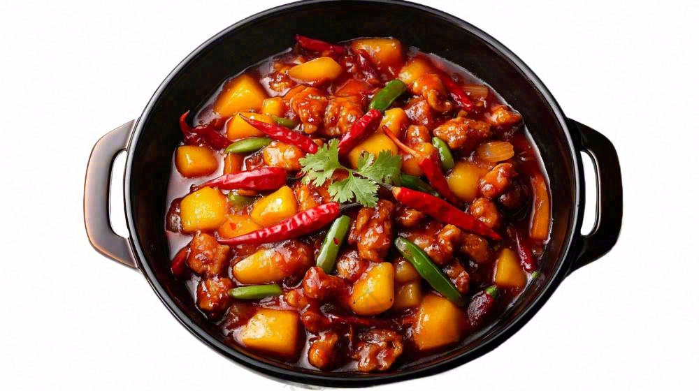 土豆炒鸡肉香辣美食摄影图免抠