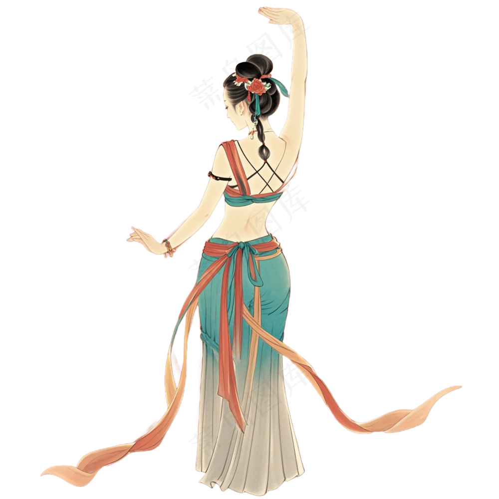 免抠中国风工笔画舞蹈人物背影