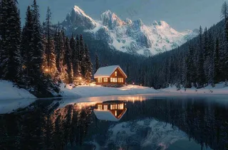 雪山下的湖泊木屋灯火大自然雪景摄影图