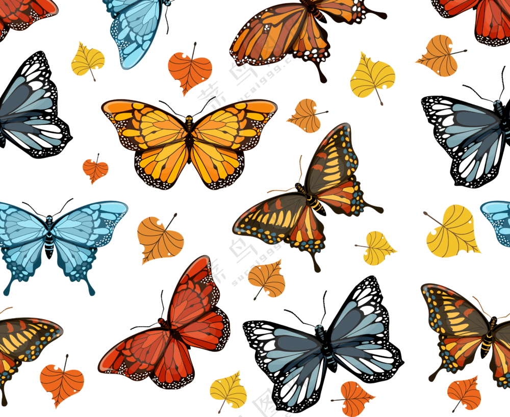 树叶与起舞的蝴蝶图案免抠图片素材