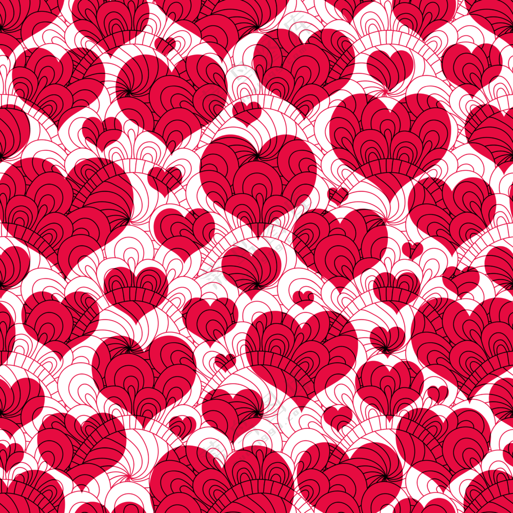 无缝红色的桃心与线描图案免抠素材