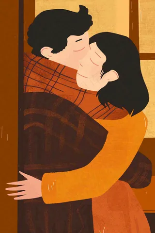 情侣相拥陪伴情人节七夕复古插画背景