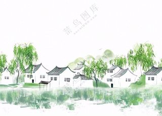 江南水乡水墨画村落柳树插画免抠