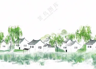 江南水乡水墨画村落柳树插画免抠