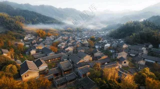 江南风景屋檐瓦舍雾村庄山林摄影图