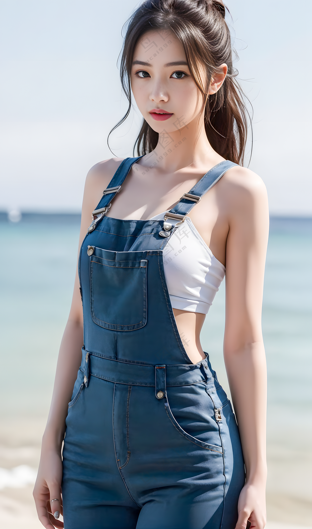 海边吊带裤美女